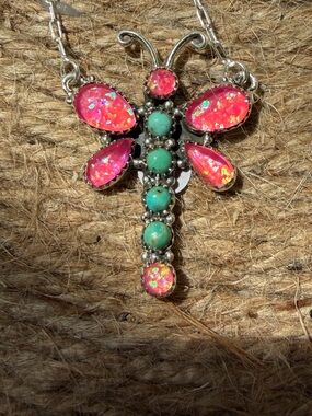 Pink Opal and Turquoise Dragonfly Sterling Silver Pendant Necklace
